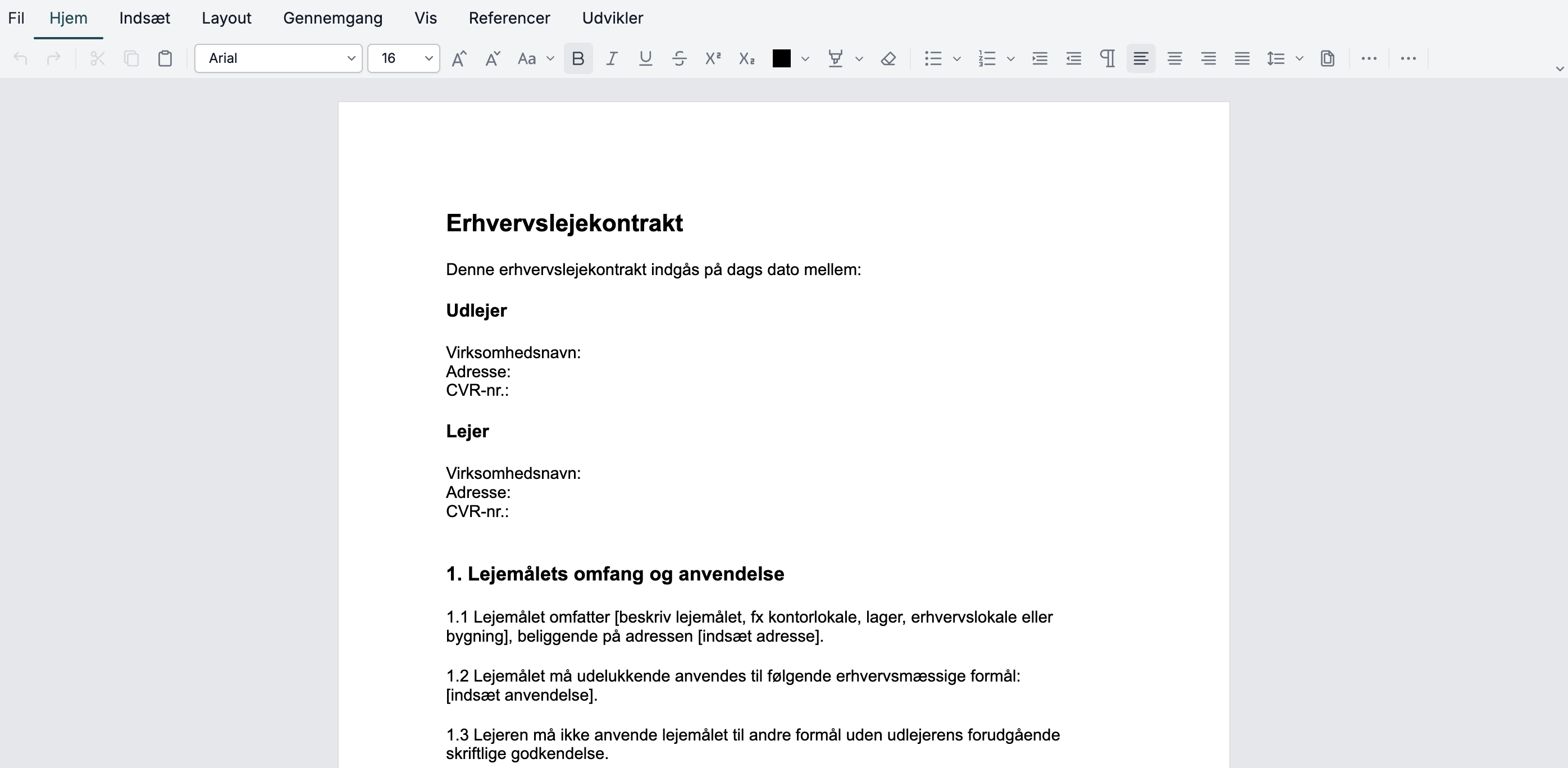 Signly editor der viser redigering af en kontrakt som et Word-dokument